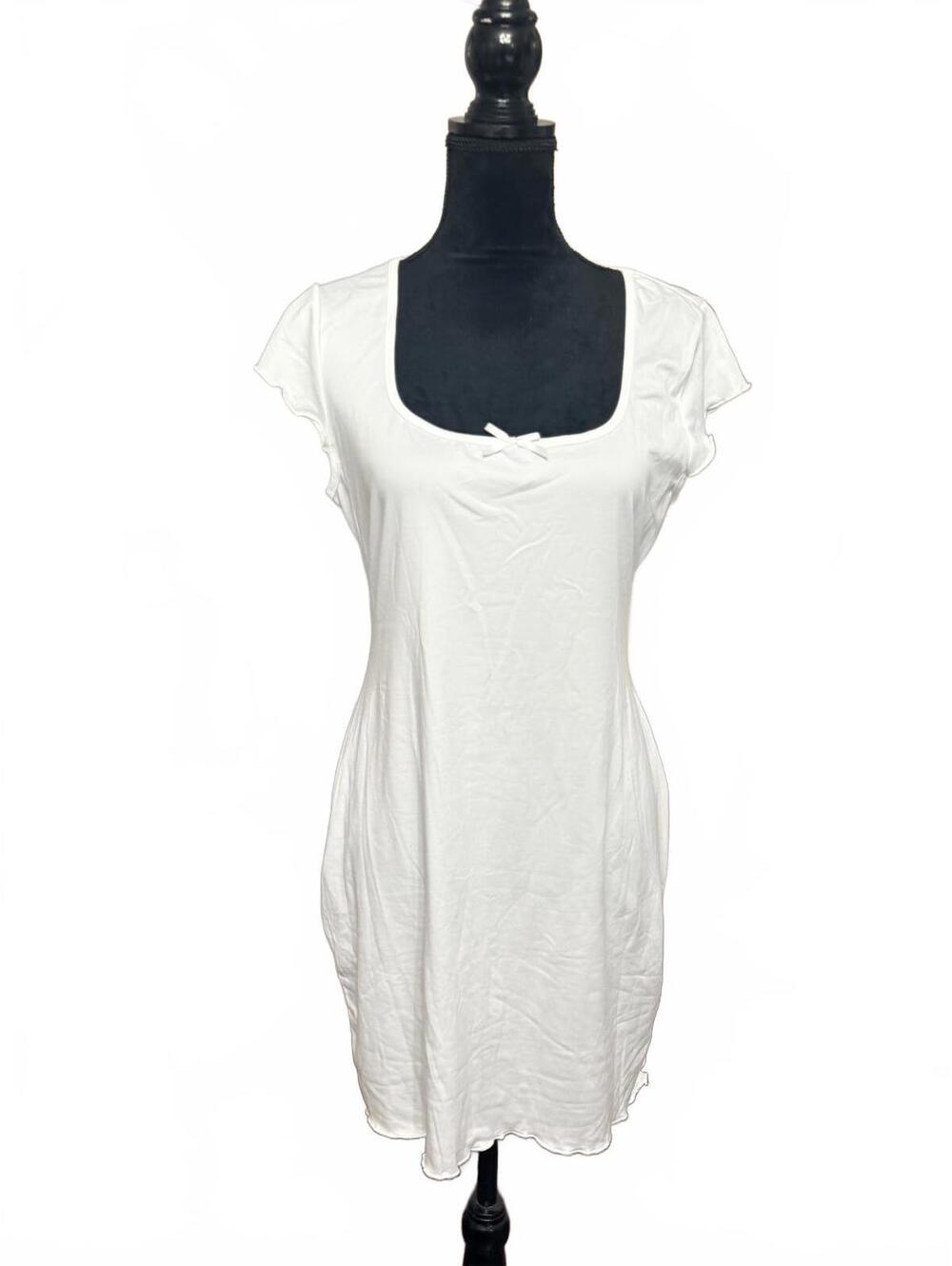 SHEIN Curve White Scoop Neck Mini Dress Bow Lettuce Trim 0XL Plus Size Coquette